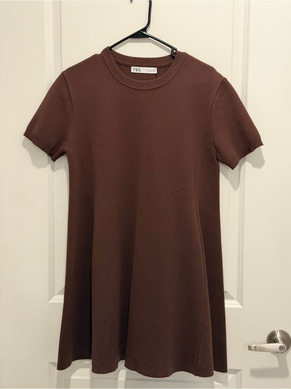 Zara Brown Short Sleeve Knit A-Line Dress with pockets
